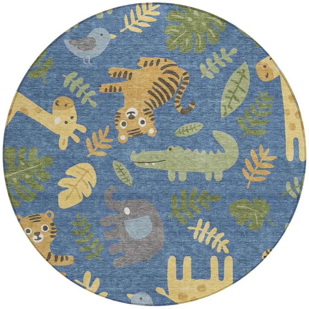 8' Blue And Beige Round Abstract Washable Indoor Outdoor Area Rug Homeroots Outdoor