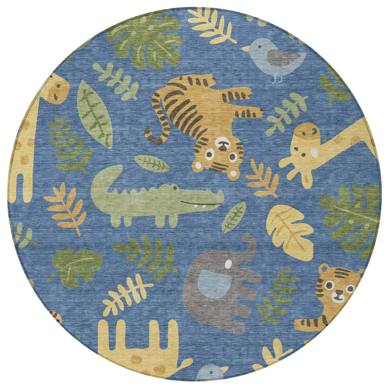 8' Blue And Beige Round Abstract Washable Indoor Outdoor Area Rug Homeroots Outdoor
