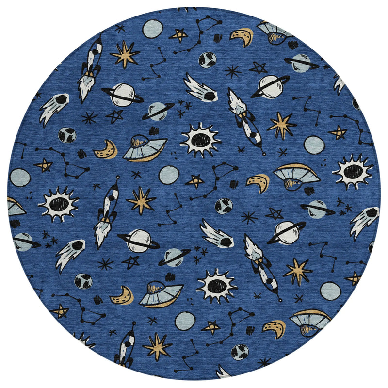 8' Blue And Black Round Animal Print Washable Indoor Outdoor Area Rug Homeroots Outdoor