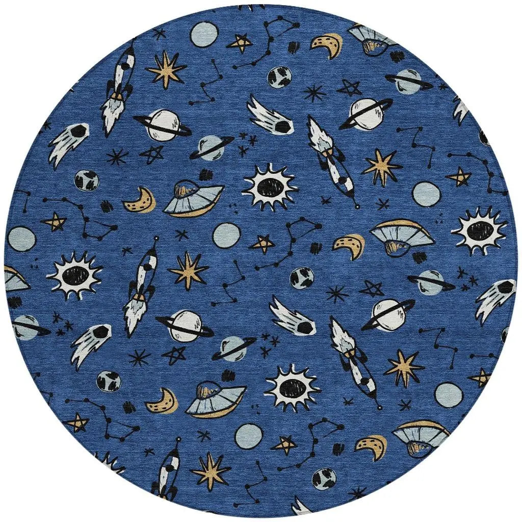 8' Blue And Black Round Animal Print Washable Indoor Outdoor Area Rug Homeroots Outdoor