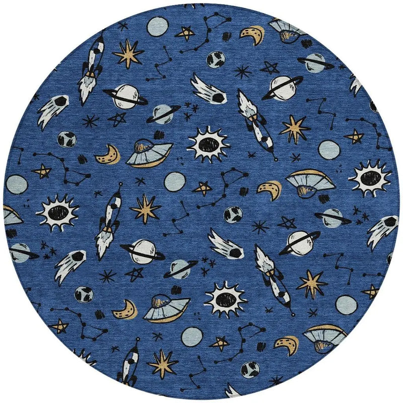 8' Blue And Black Round Animal Print Washable Indoor Outdoor Area Rug Homeroots Outdoor