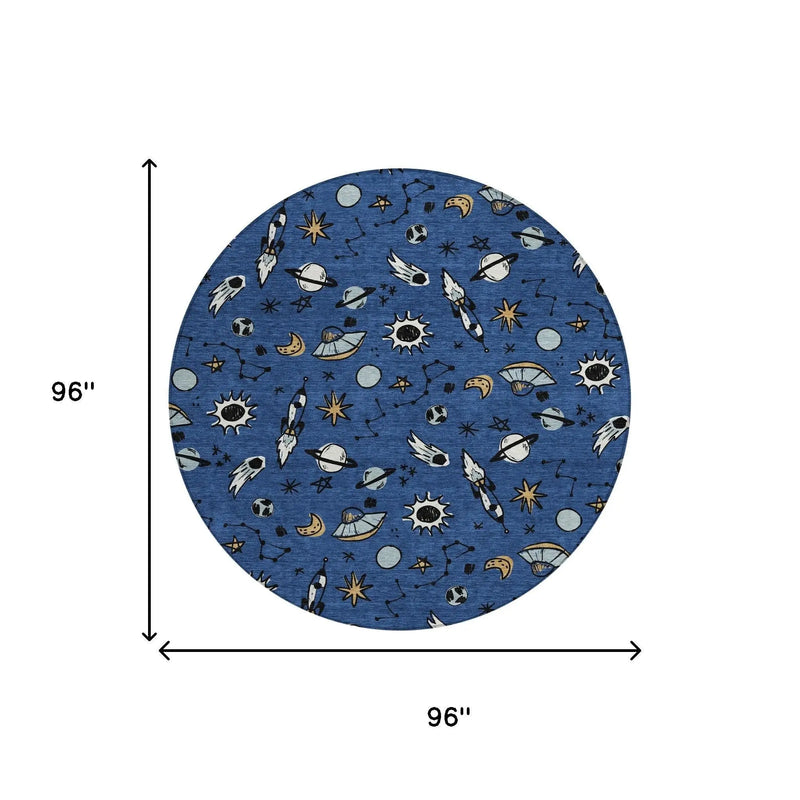 8' Blue And Black Round Animal Print Washable Indoor Outdoor Area Rug Homeroots Outdoor