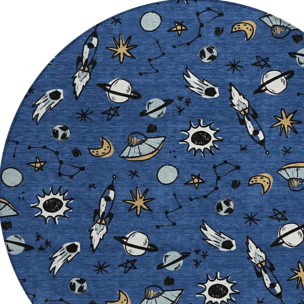 8' Blue And Black Round Animal Print Washable Indoor Outdoor Area Rug Homeroots Outdoor