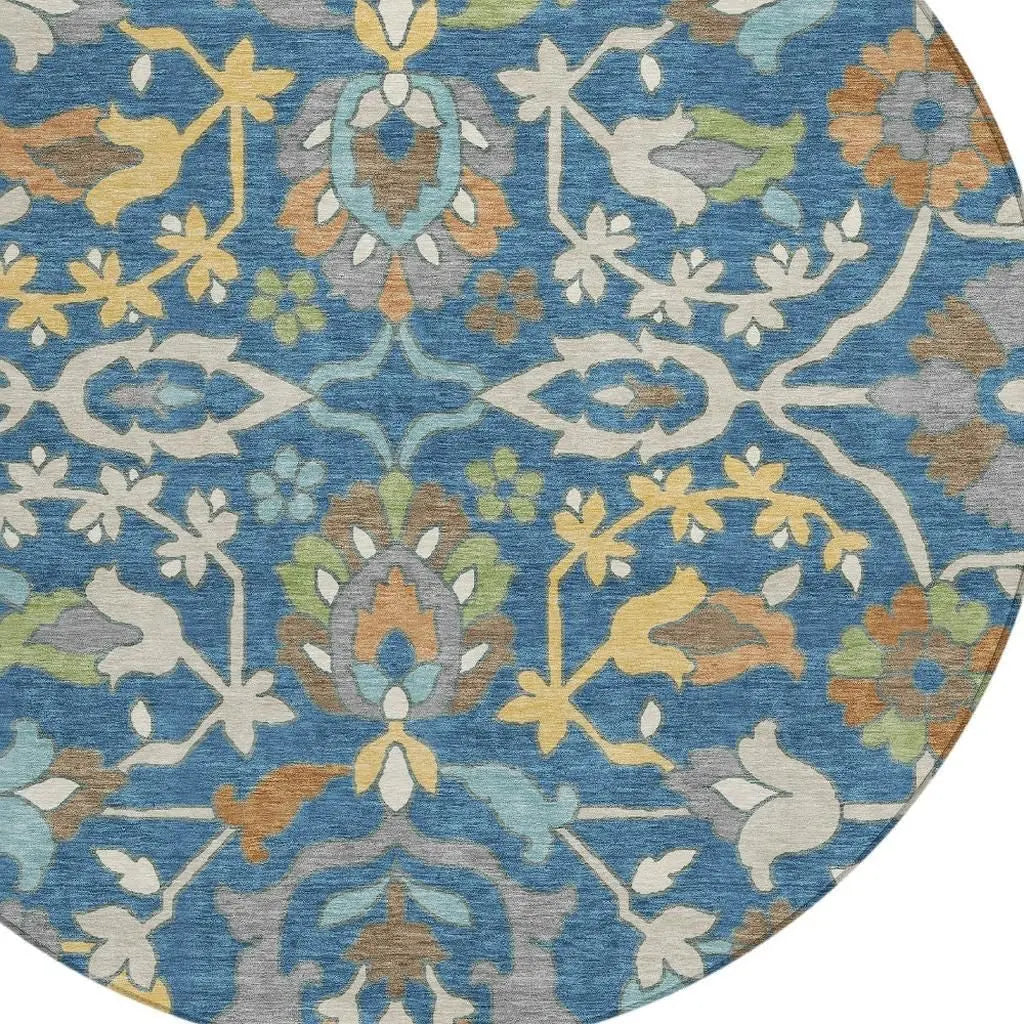 8' Blue And Brown Round Floral Washable Indoor Outdoor Area Rug Homeroots Outdoor