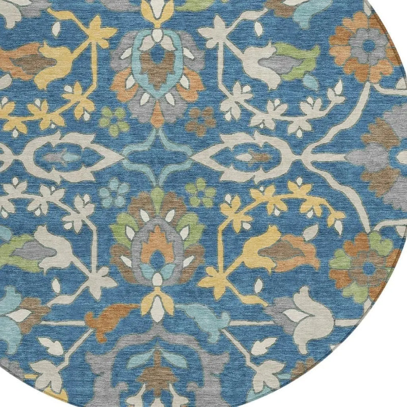 8' Blue And Brown Round Floral Washable Indoor Outdoor Area Rug Homeroots Outdoor