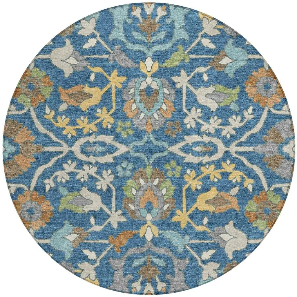 8' Blue And Brown Round Floral Washable Indoor Outdoor Area Rug Homeroots Outdoor