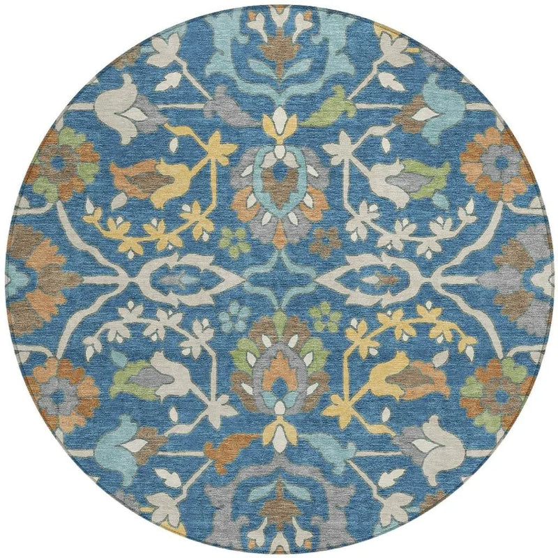 8' Blue And Brown Round Floral Washable Indoor Outdoor Area Rug Homeroots Outdoor