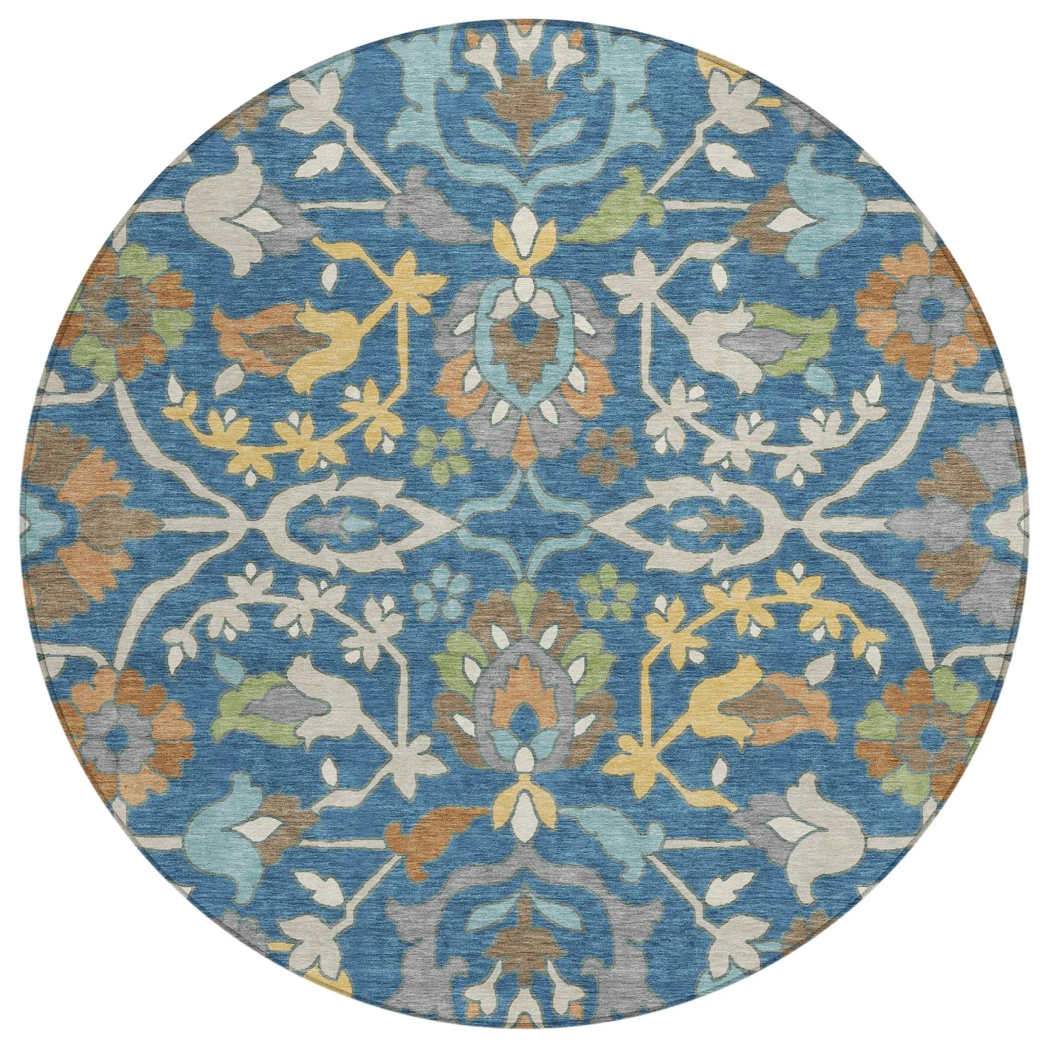 8' Blue And Brown Round Floral Washable Indoor Outdoor Area Rug Homeroots Outdoor