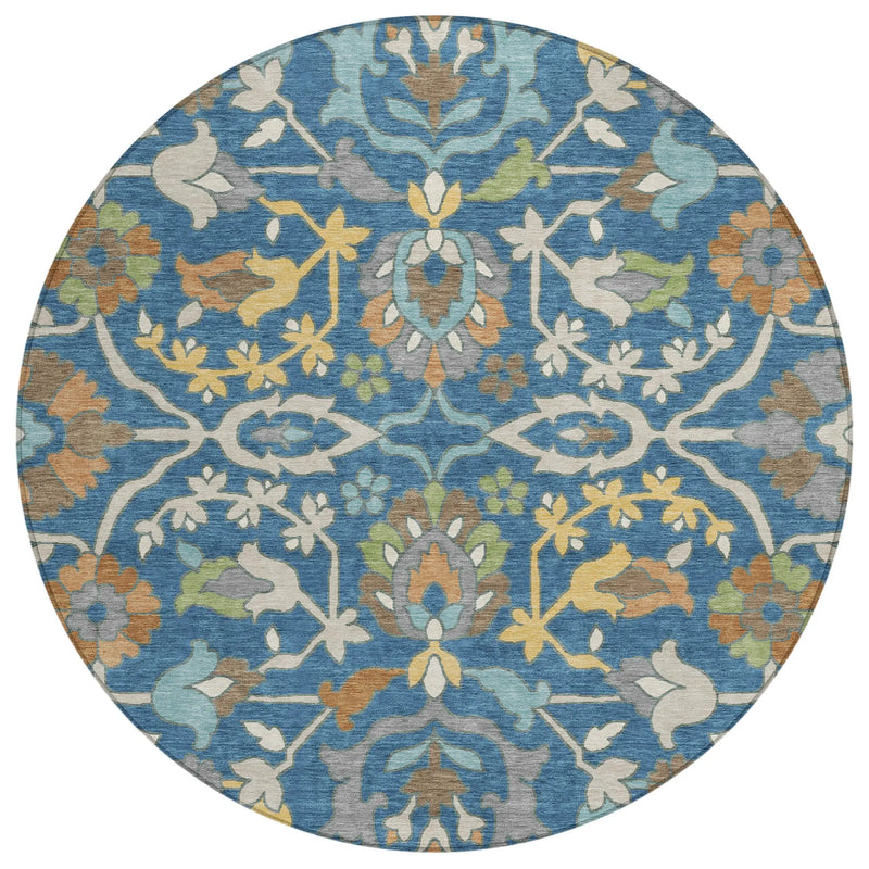 8' Blue And Brown Round Floral Washable Indoor Outdoor Area Rug Homeroots Outdoor