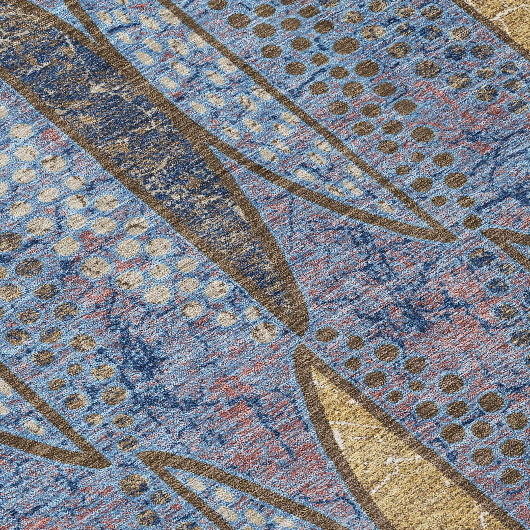 8' Blue And Brown Round Geometric Washable Indoor Outdoor Area Rug Homeroots Outdoor
