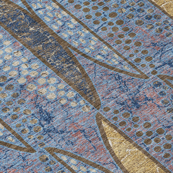 8' Blue And Brown Round Geometric Washable Indoor Outdoor Area Rug Homeroots Outdoor