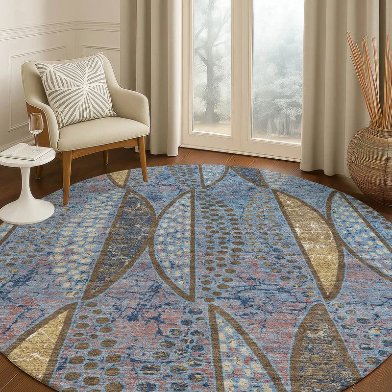 8' Blue And Brown Round Geometric Washable Indoor Outdoor Area Rug Homeroots Outdoor