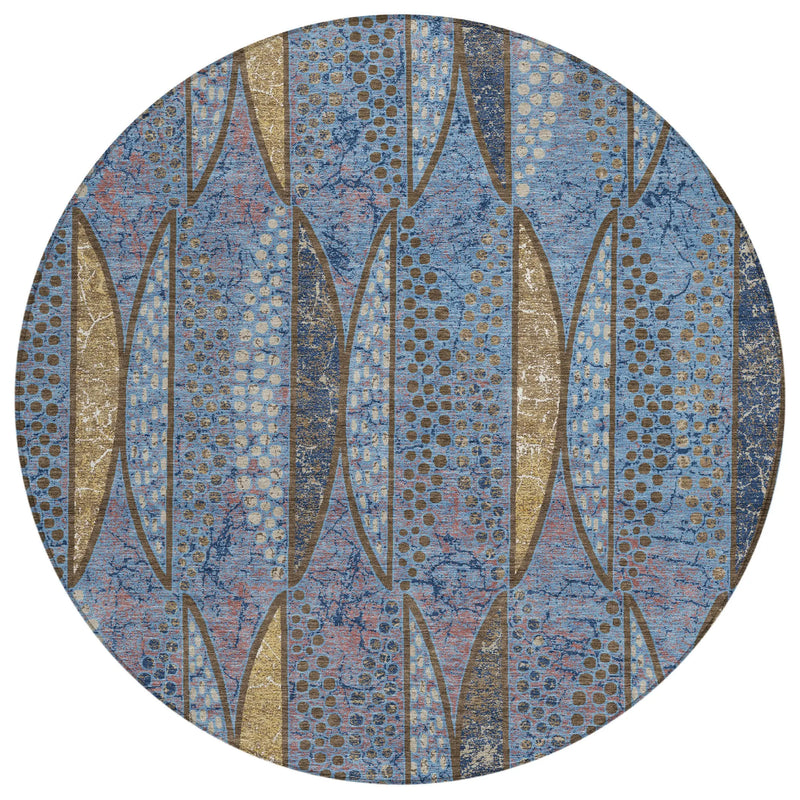 8' Blue And Brown Round Geometric Washable Indoor Outdoor Area Rug Homeroots Outdoor