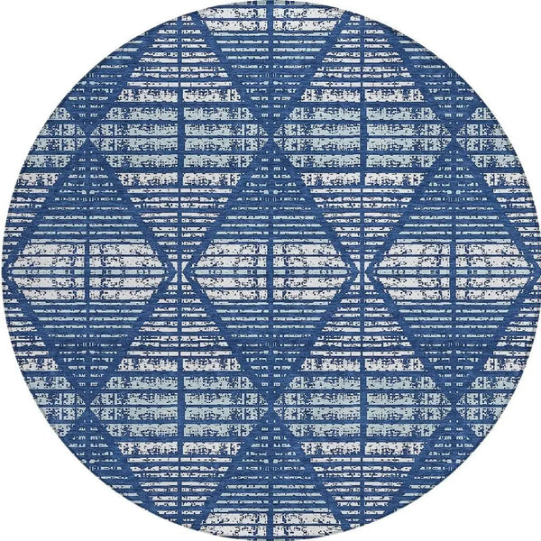 8' Blue And Charcoal Round Geometric Washable Indoor Outdoor Area Rug Homeroots Outdoor