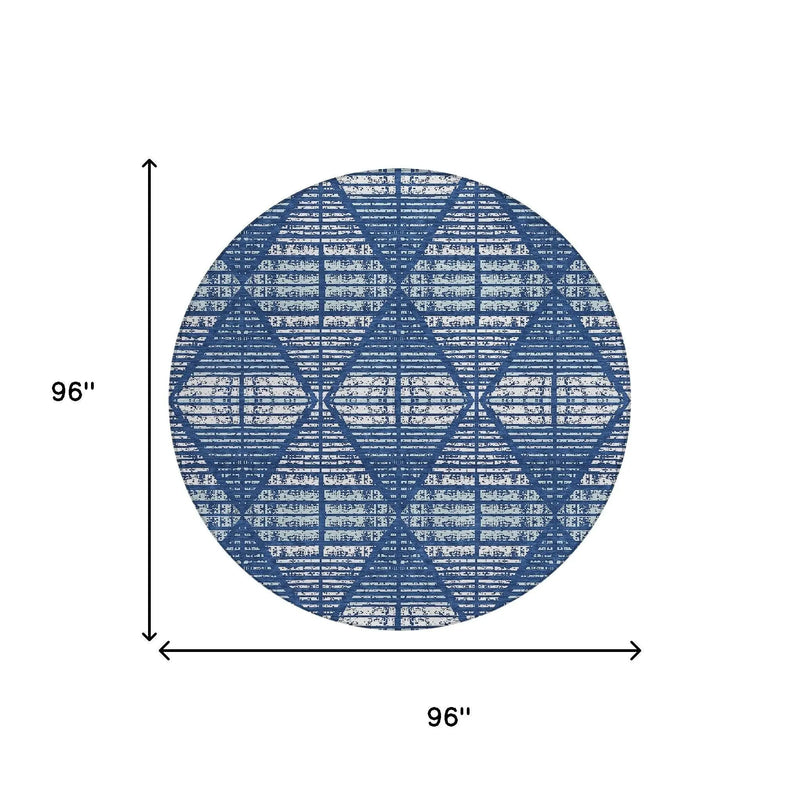 8' Blue And Charcoal Round Geometric Washable Indoor Outdoor Area Rug Homeroots Outdoor