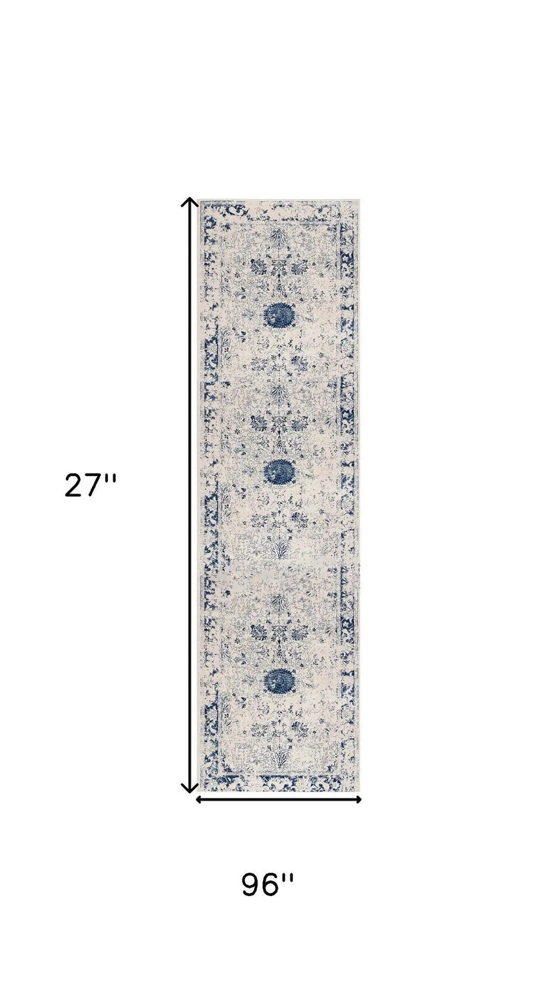 8' Blue And Cream Abstract Runner Rug Homeroots Home Decor