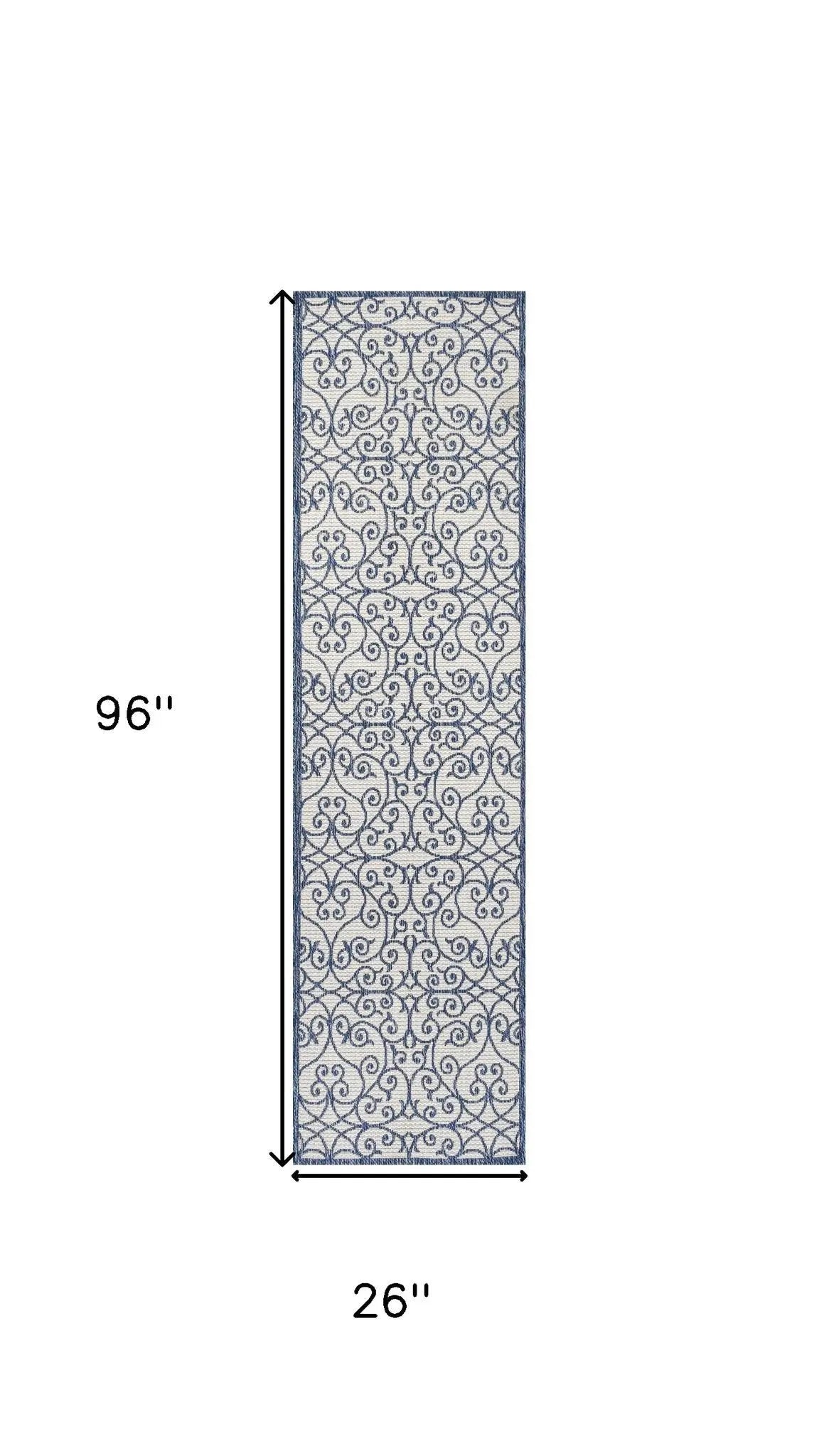 8' Blue And Cream Geometric Indoor Outdoor Runner Rug Homeroots Outdoor