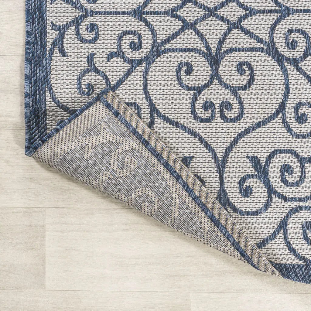 8' Blue And Cream Geometric Indoor Outdoor Runner Rug Homeroots Outdoor