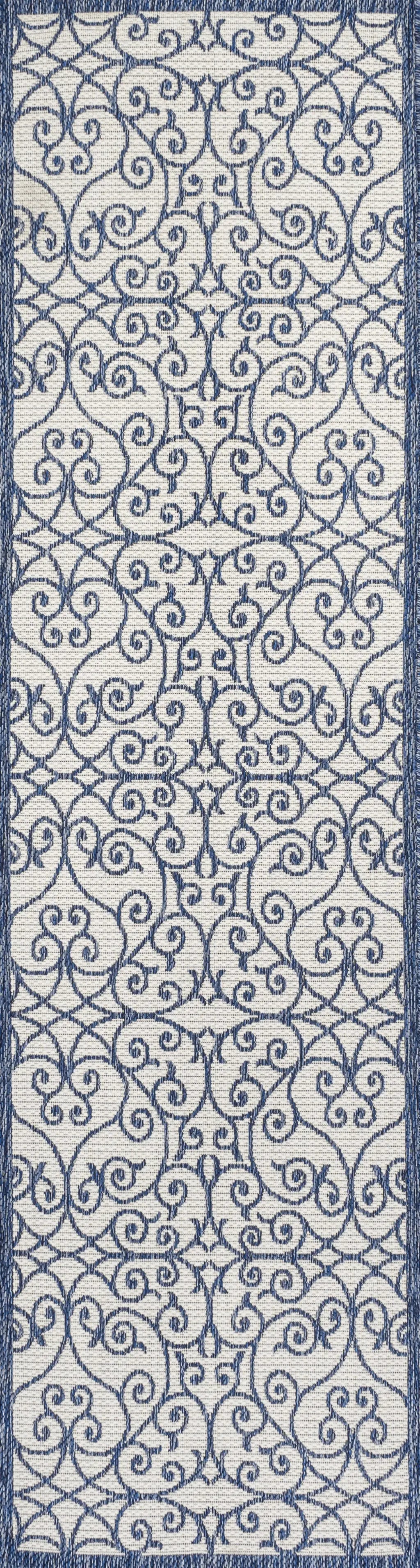 8' Blue And Cream Geometric Indoor Outdoor Runner Rug Homeroots Outdoor