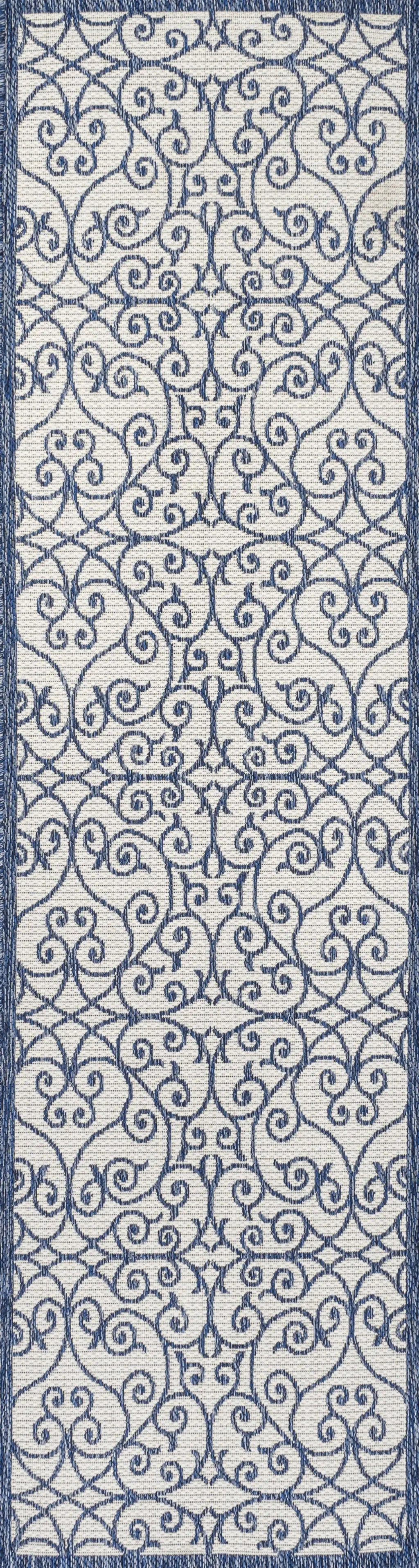 8' Blue And Cream Geometric Indoor Outdoor Runner Rug Homeroots Outdoor