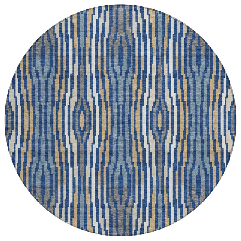 8' Blue And Denim Blue Round Abstract Washable Indoor Outdoor Area Rug Homeroots Outdoor