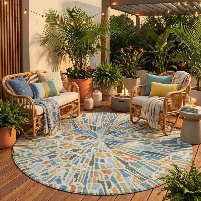 8' Blue And Denim Blue Round Abstract Washable Indoor Outdoor Area Rug Homeroots Outdoor