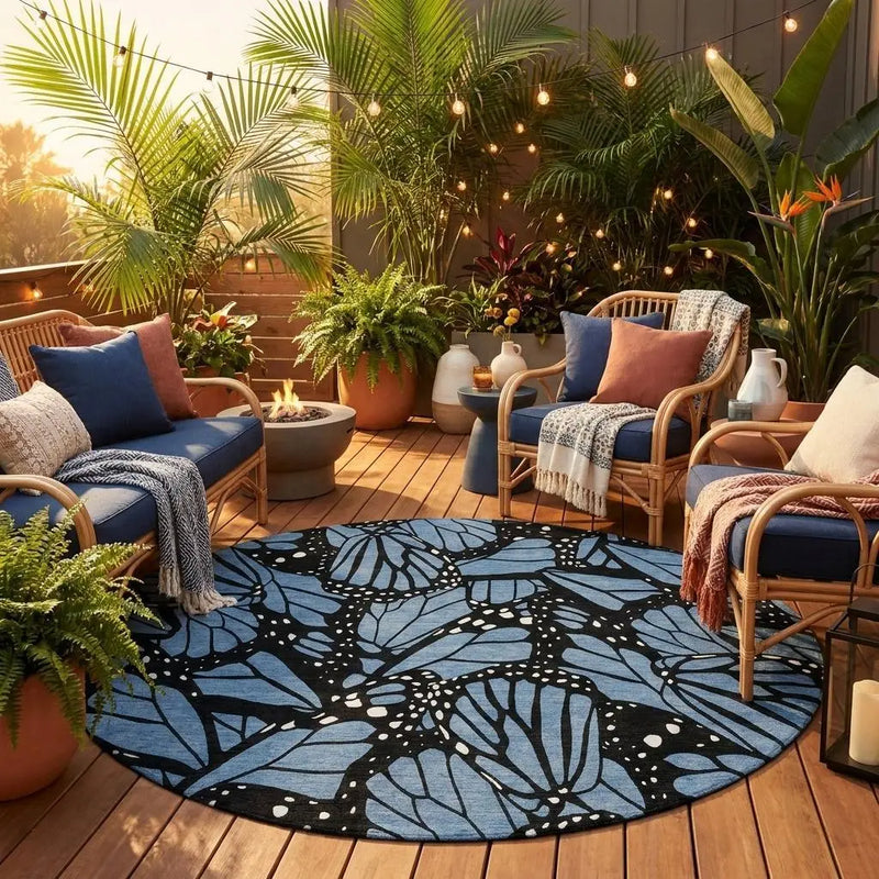 8' Blue And Denim Blue Round Animal Print Washable Indoor Outdoor Area Rug Homeroots Outdoor