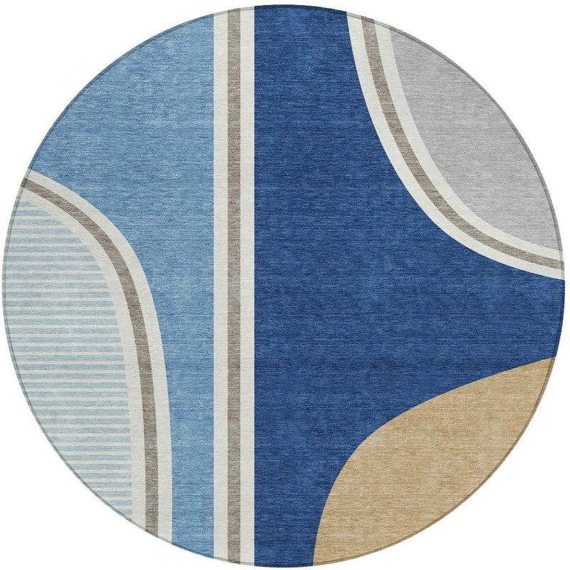 8' Blue And Denim Blue Round Geometric Washable Indoor Outdoor Area Rug Homeroots Outdoor