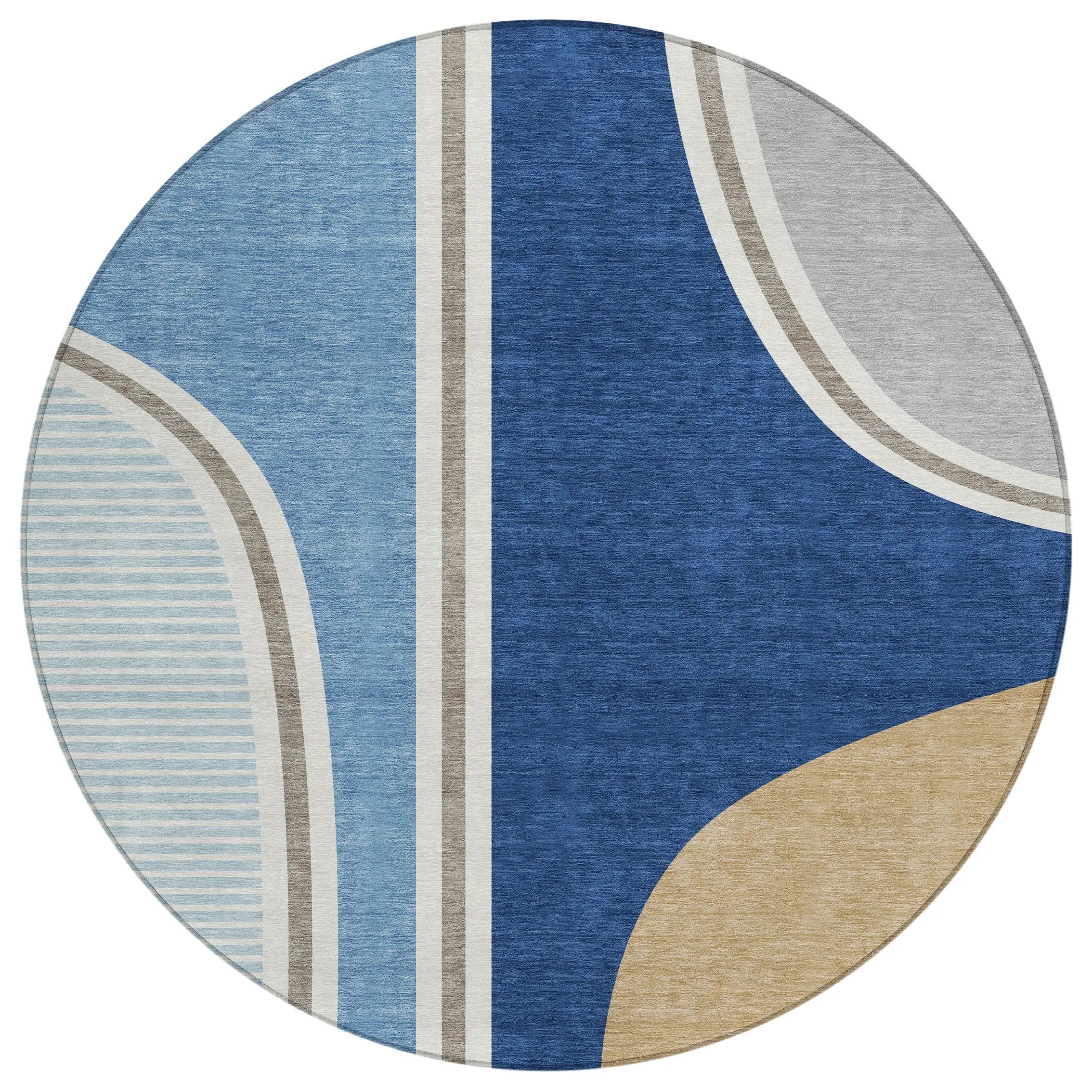 8' Blue And Denim Blue Round Geometric Washable Indoor Outdoor Area Rug Homeroots Outdoor