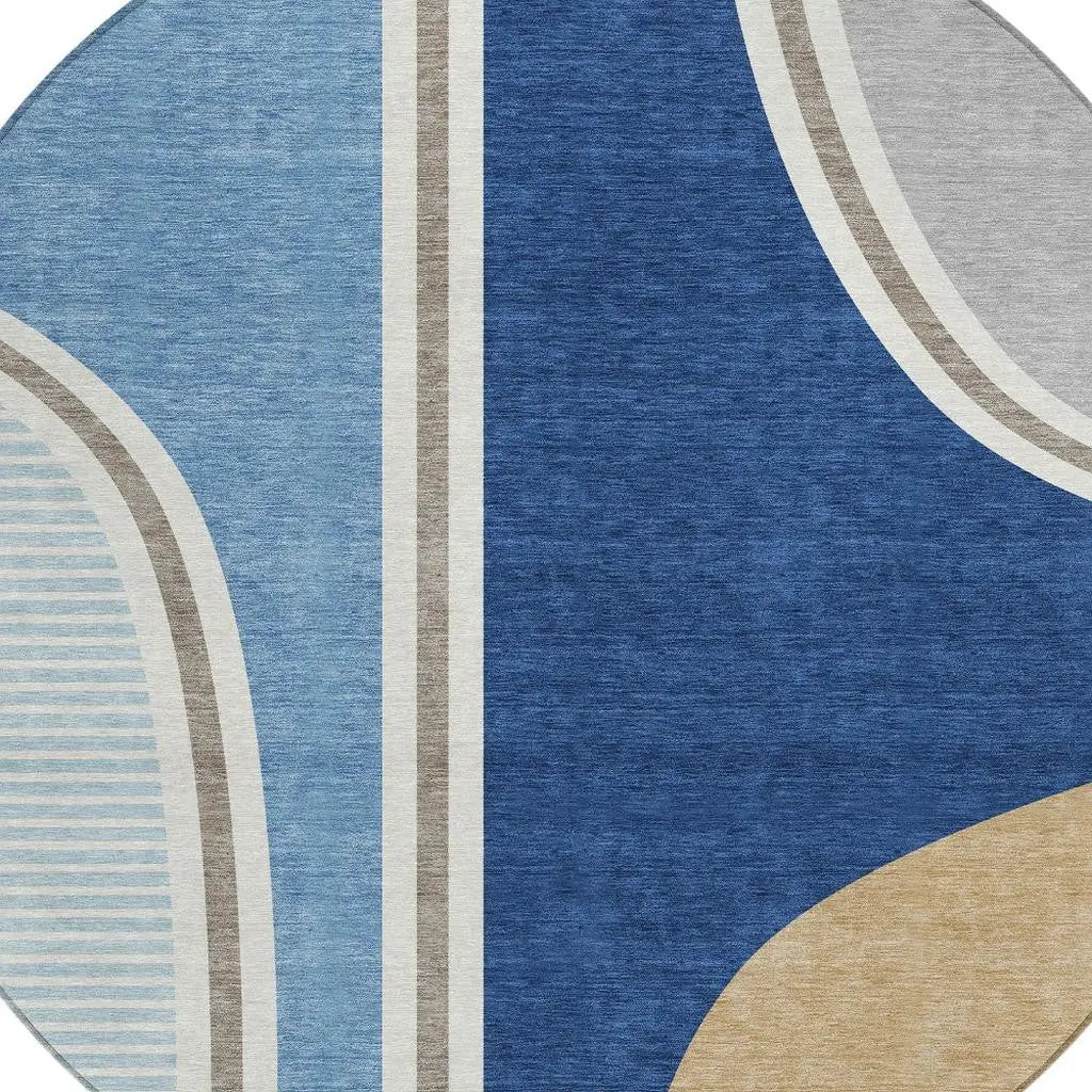 8' Blue And Denim Blue Round Geometric Washable Indoor Outdoor Area Rug Homeroots Outdoor