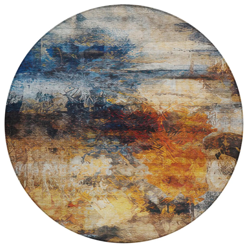 8' Blue And Graphite Round Abstract Washable Indoor Outdoor Area Rug Homeroots Outdoor