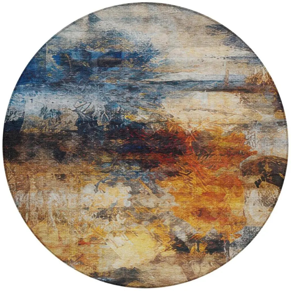 8' Blue And Graphite Round Abstract Washable Indoor Outdoor Area Rug Homeroots Outdoor