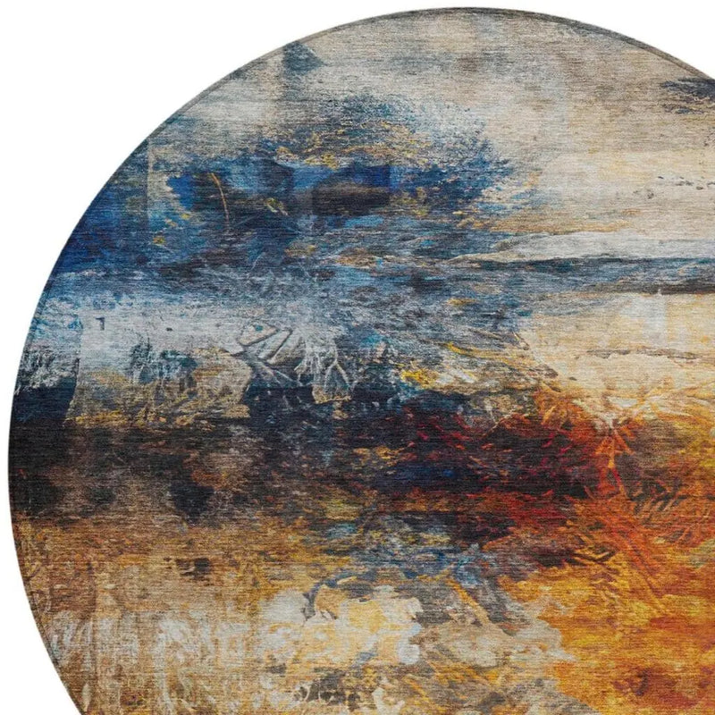 8' Blue And Graphite Round Abstract Washable Indoor Outdoor Area Rug Homeroots Outdoor