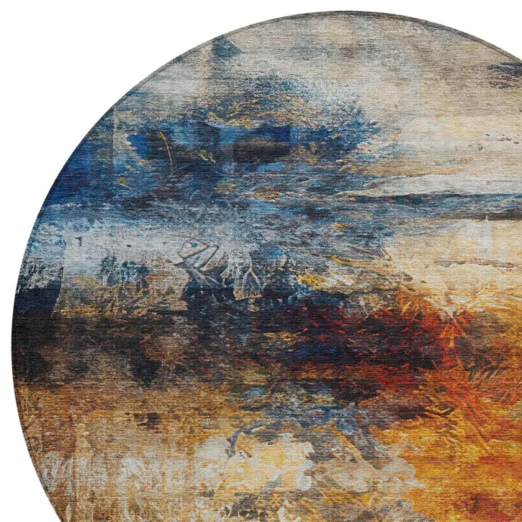 8' Blue And Graphite Round Abstract Washable Indoor Outdoor Area Rug Homeroots Outdoor