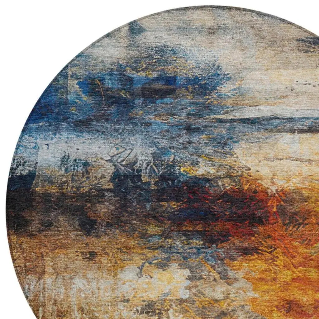 8' Blue And Graphite Round Abstract Washable Indoor Outdoor Area Rug Homeroots Outdoor
