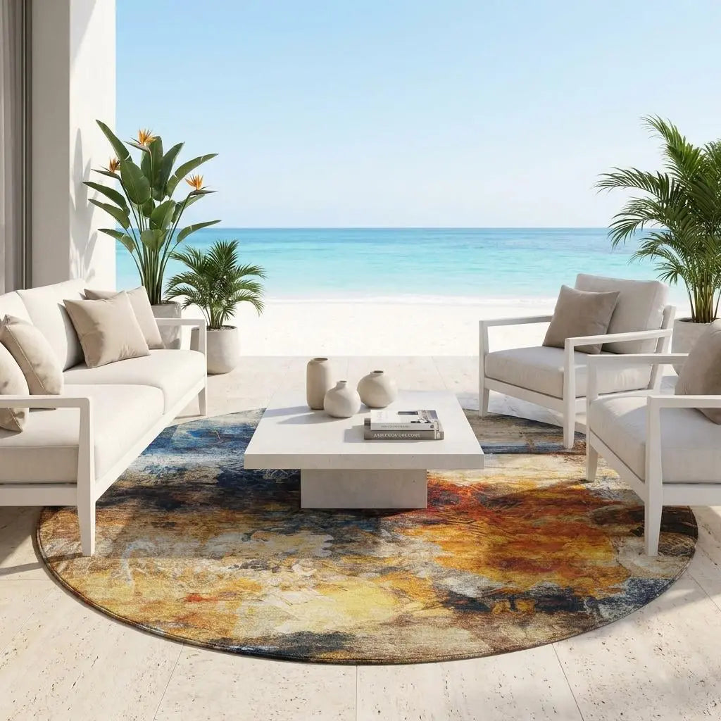 8' Blue And Graphite Round Abstract Washable Indoor Outdoor Area Rug Homeroots Outdoor
