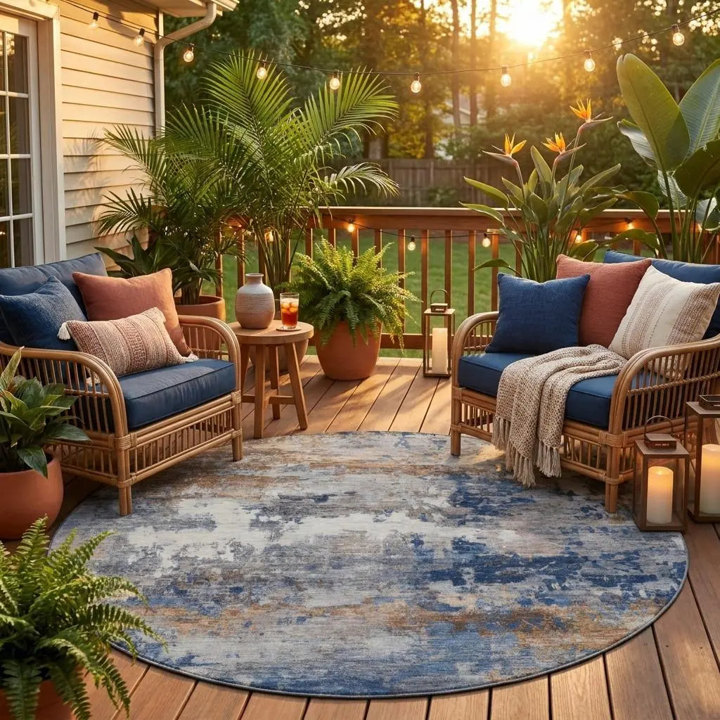 8' Blue And Graphite Round Abstract Washable Indoor Outdoor Area Rug Homeroots Outdoor