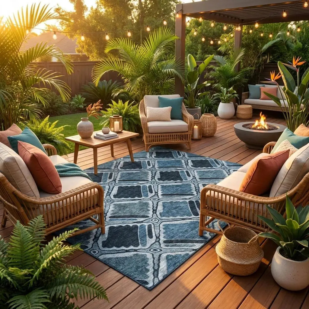 8' Blue And Graphite Round Geometric Washable Indoor Outdoor Area Rug Homeroots Outdoor