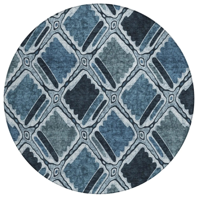 8' Blue And Graphite Round Geometric Washable Indoor Outdoor Area Rug Homeroots Outdoor