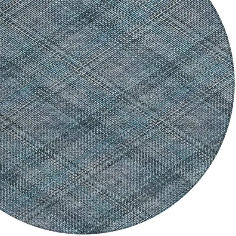 8' Blue And Graphite Round Plaid Washable Indoor Outdoor Area Rug Homeroots Outdoor