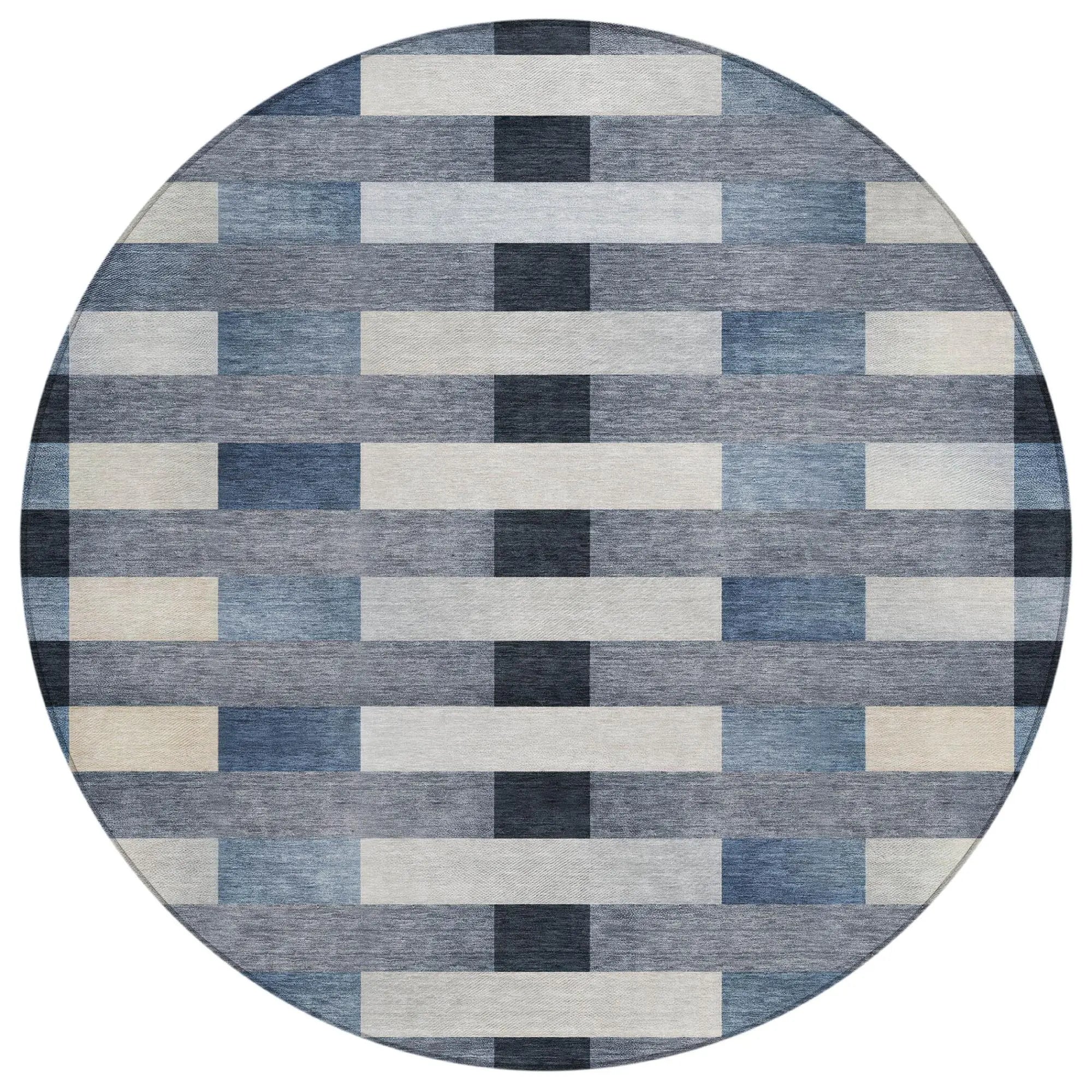 8' Blue And Graphite Round Striped Washable Indoor Outdoor Area Rug Homeroots Outdoor