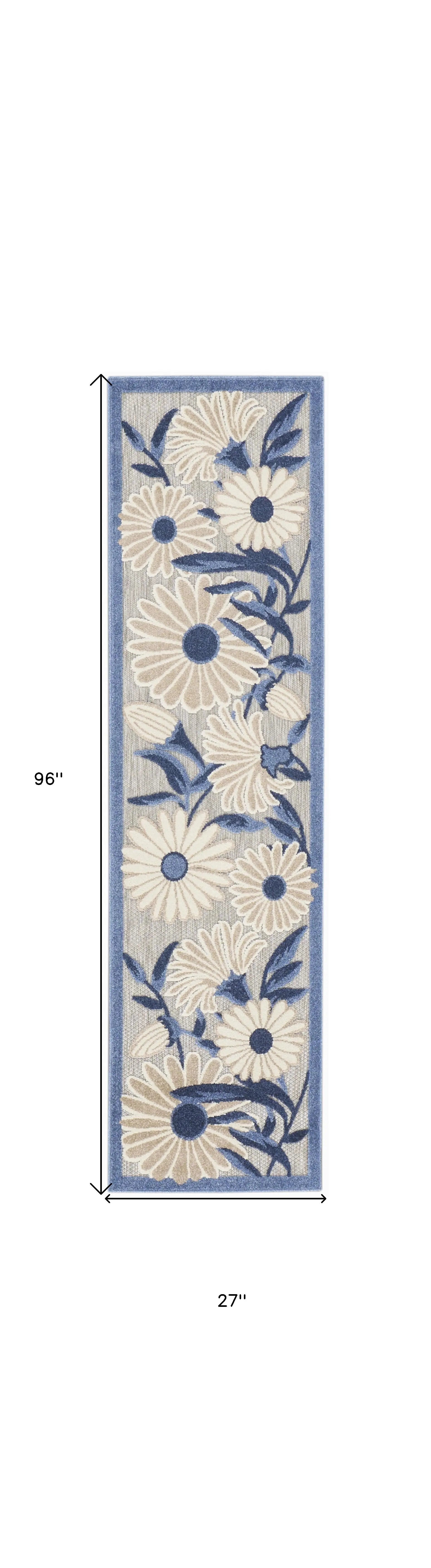 8' Blue And Gray Floral Indoor Outdoor Runner Rug Homeroots Outdoor