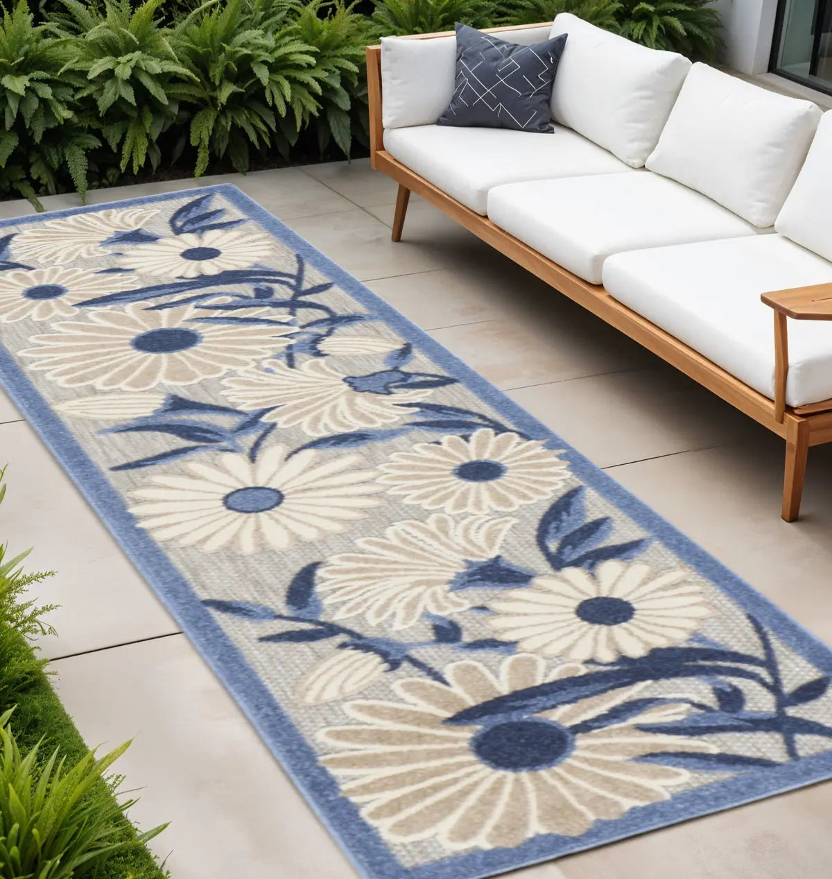 8' Blue And Gray Floral Indoor Outdoor Runner Rug Homeroots Outdoor