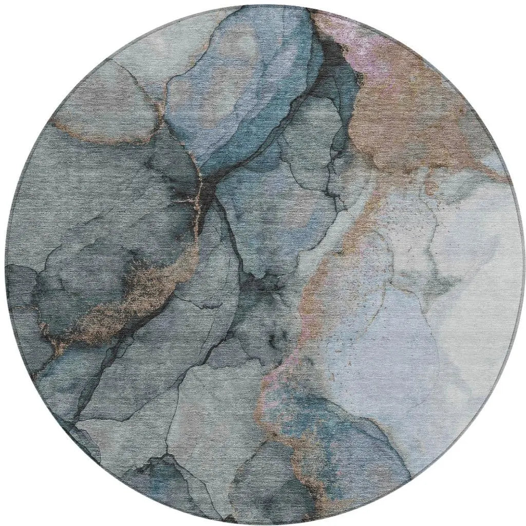 8' Blue And Gray Round Abstract Washable Indoor Outdoor Area Rug Homeroots Outdoor