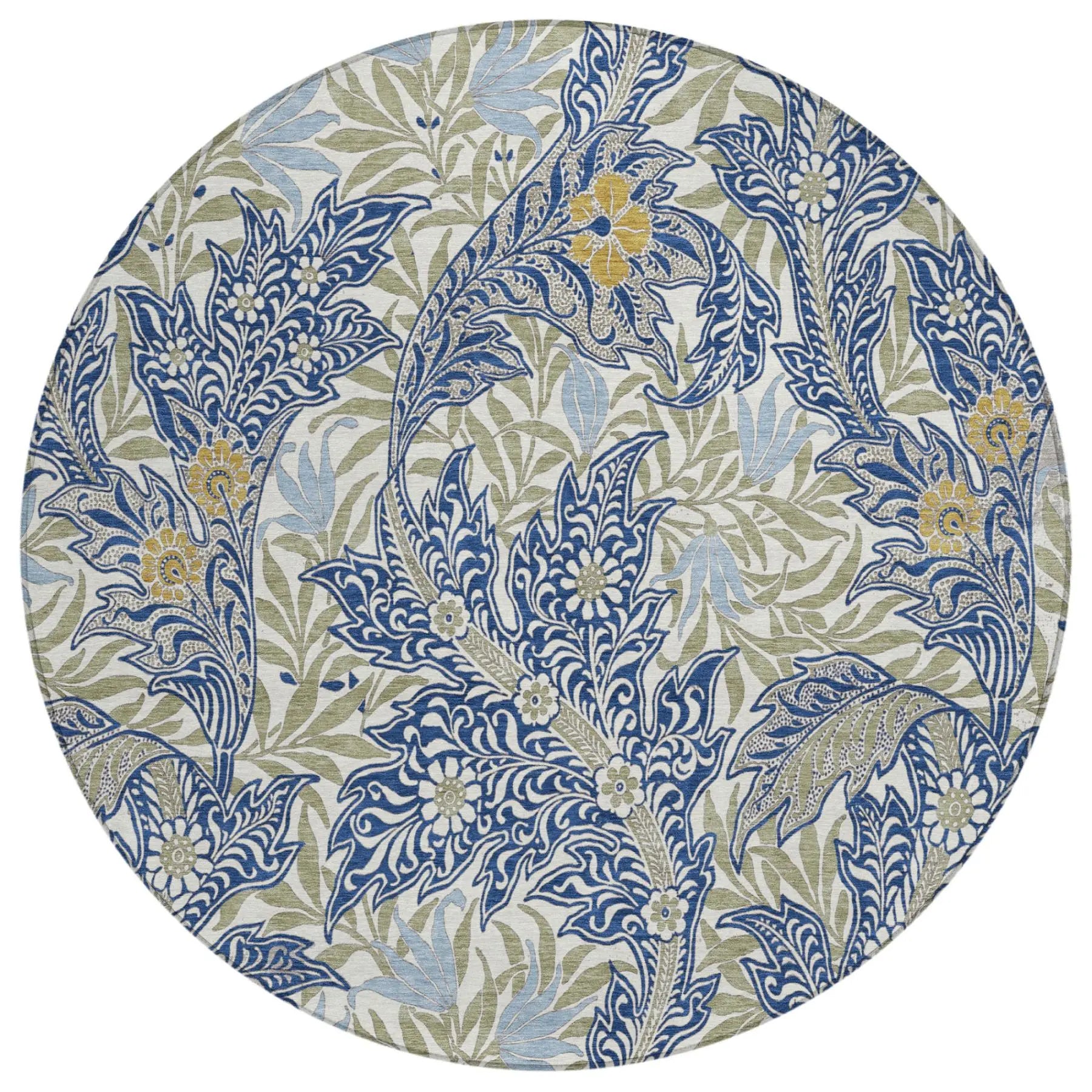 8' Blue And Gray Round Botanical Leaves Washable Indoor Outdoor Area Rug Homeroots Outdoor