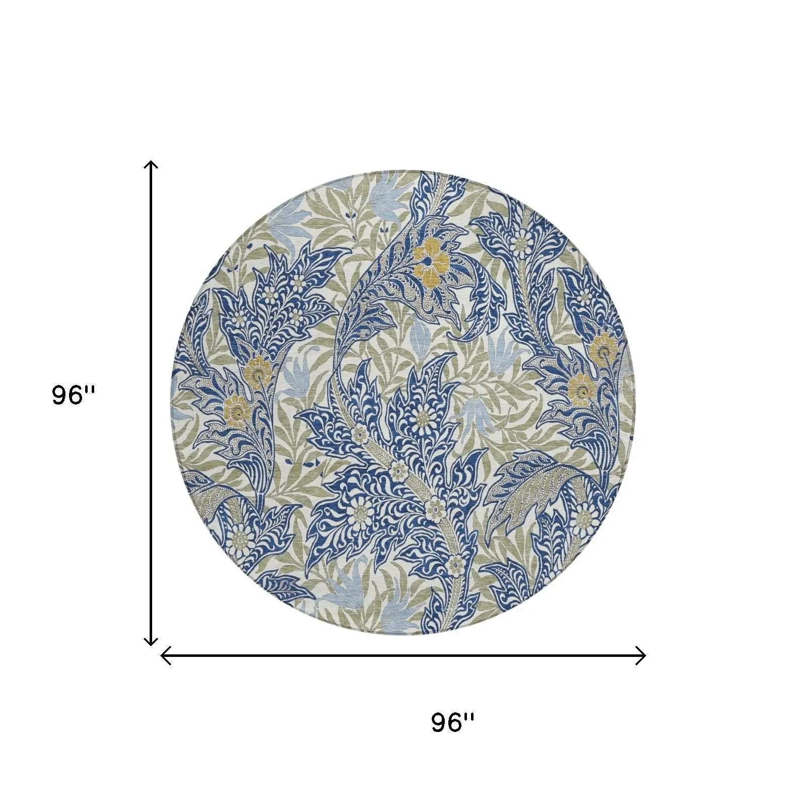 8' Blue And Gray Round Botanical Leaves Washable Indoor Outdoor Area Rug Homeroots Outdoor