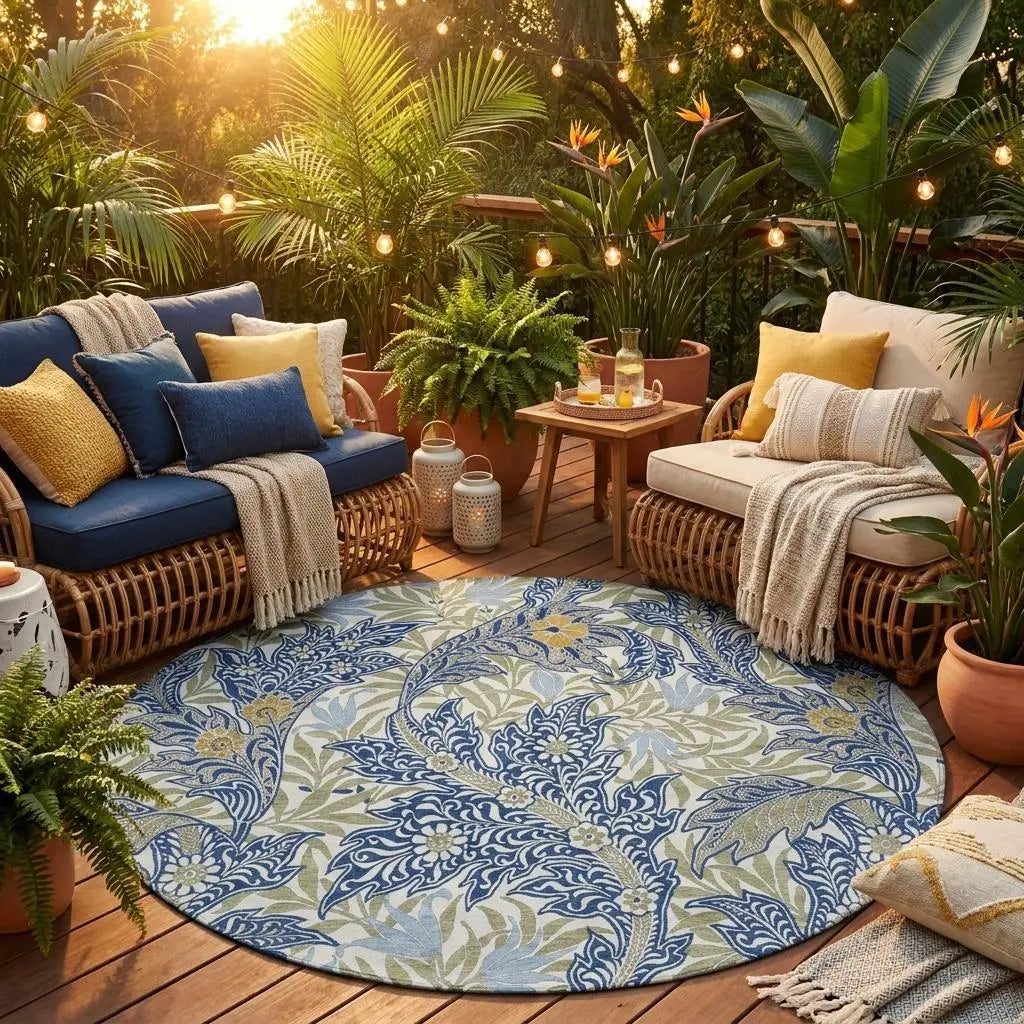 8' Blue And Gray Round Botanical Leaves Washable Indoor Outdoor Area Rug Homeroots Outdoor