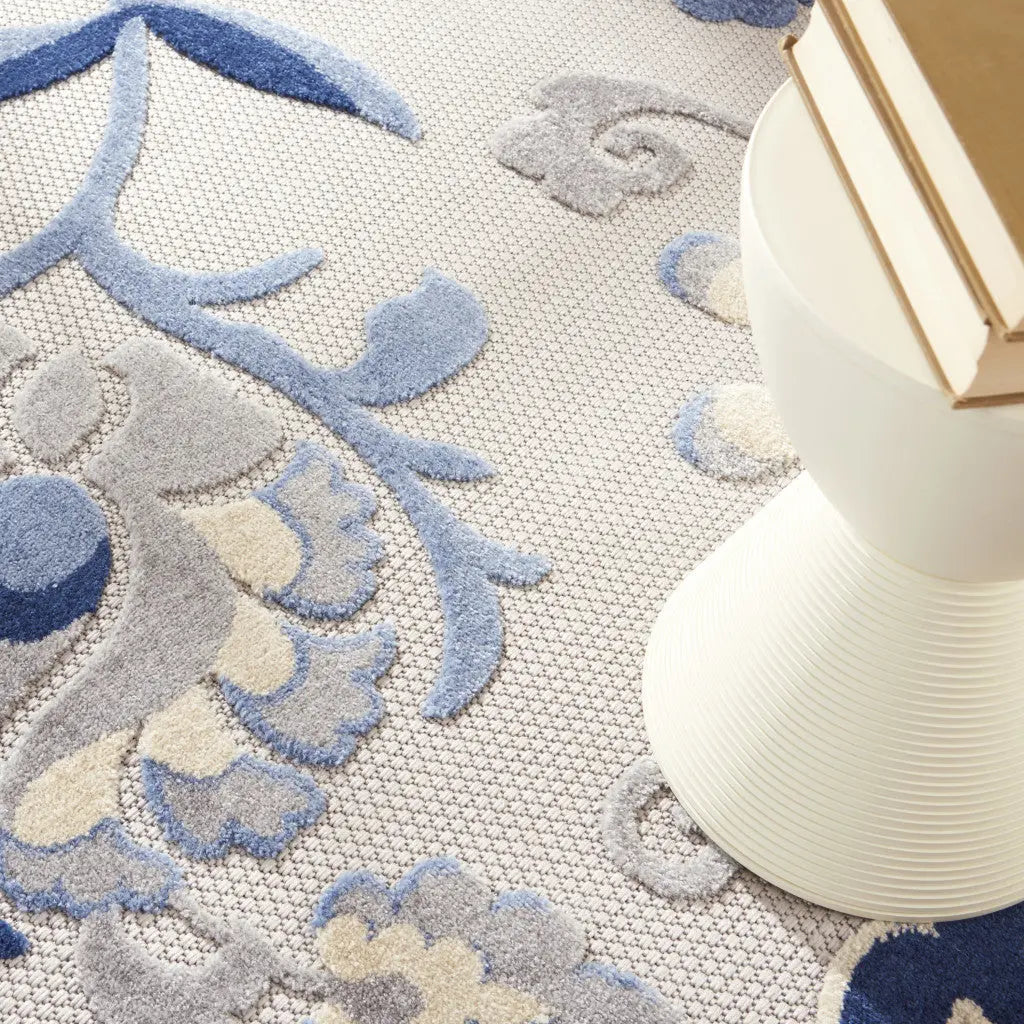 8' Blue And Gray Round Floral Indoor Outdoor Area Rug Homeroots Outdoor
