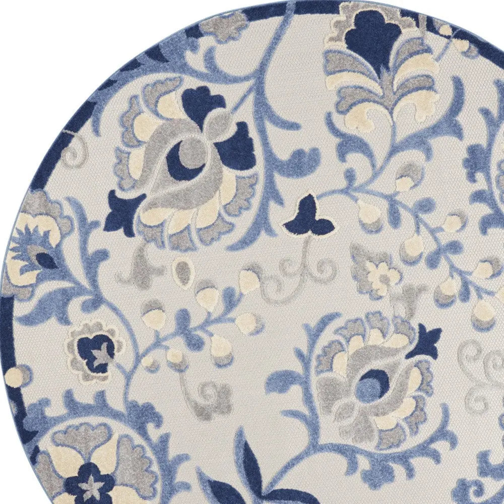 8' Blue And Gray Round Floral Indoor Outdoor Area Rug Homeroots Outdoor
