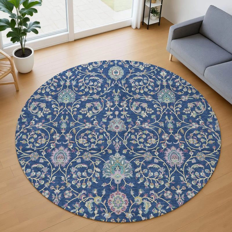 8' Blue And Gray Round Floral Washable Indoor Outdoor Area Rug Homeroots Outdoor